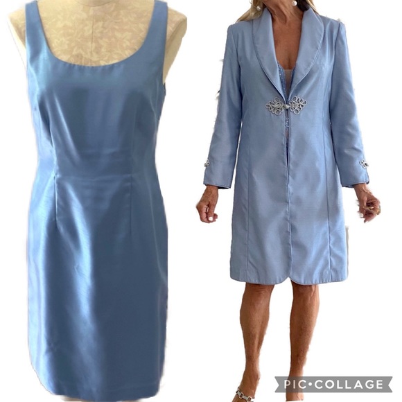 Eliza J Dresses & Skirts - Eliza J Sleeveless retro Shift Dress & jacket pale blue sz 6 silk loke fabric